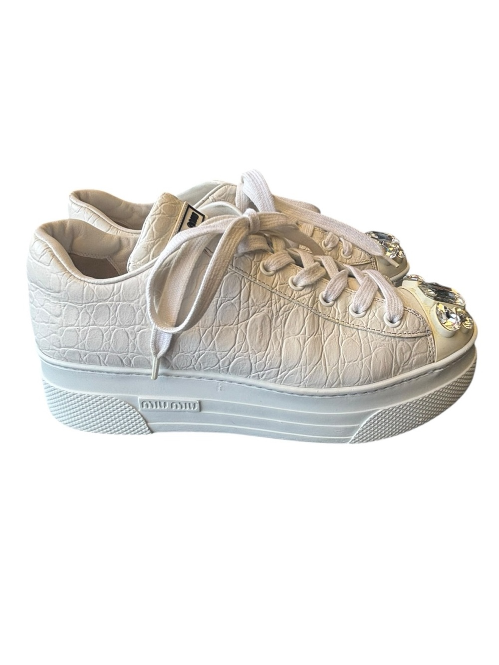 Miu Miu Croc Embossed Embellished Platform Sneakers - Picture 5 of 8